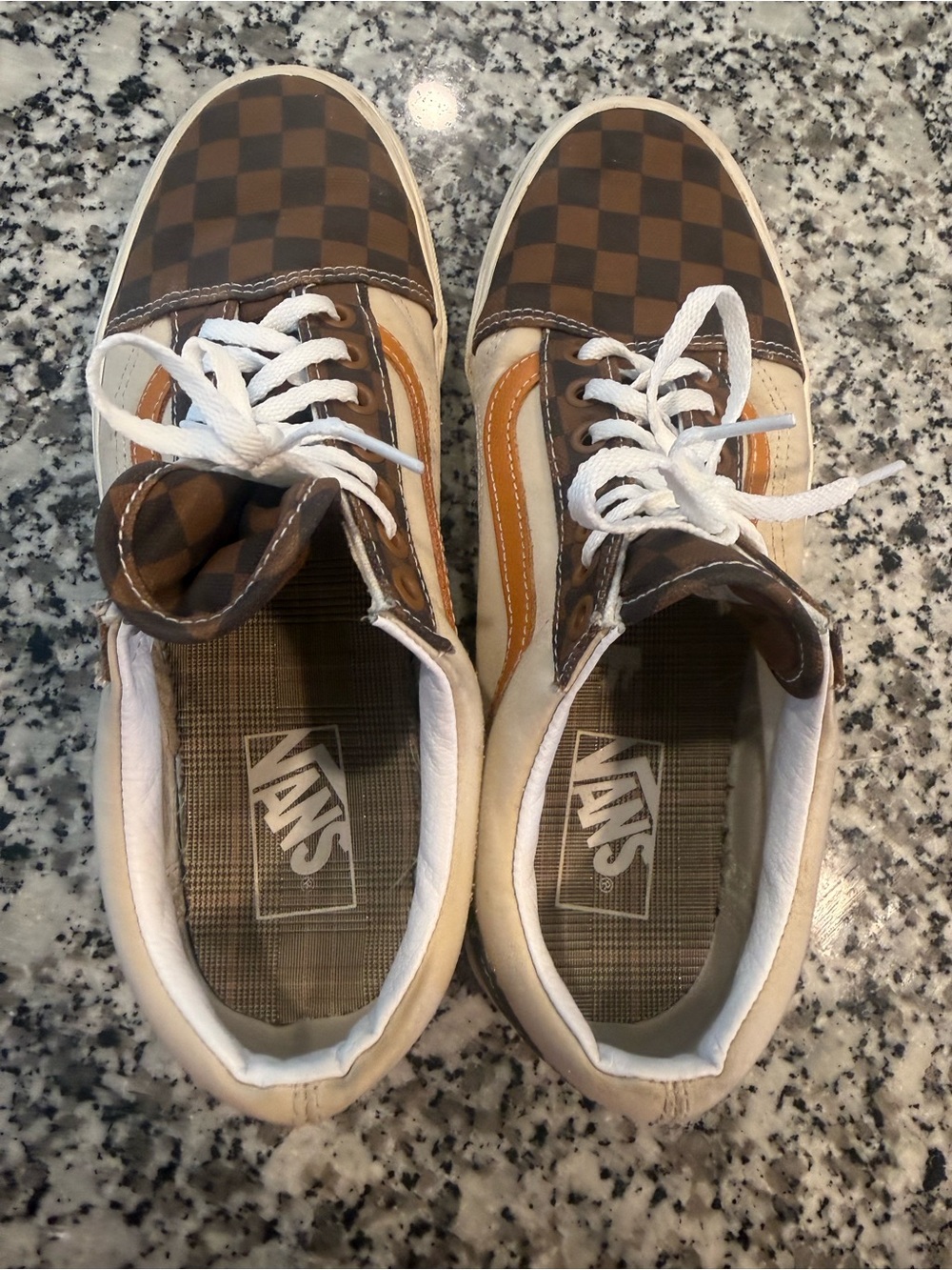 Unisex Vans Brown Checkerboard Sneakers with Tan Stripe - Picture 4 of 10